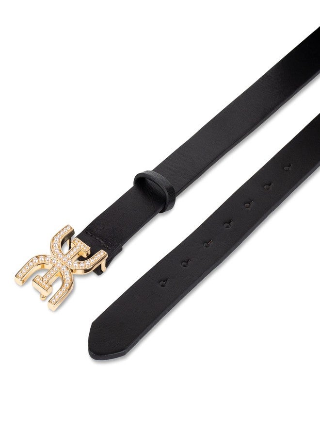 Sam Edelman Women's Pearl Embellished Double-E Logo Plaque Buckle Belt, Black, Medium - Image 5