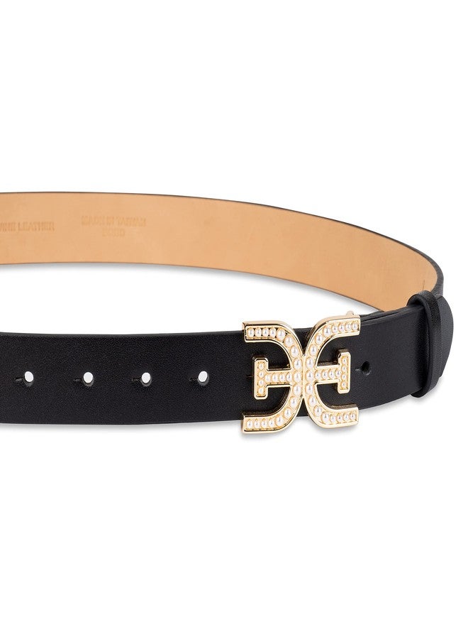 Sam Edelman Women's Pearl Embellished Double-E Logo Plaque Buckle Belt, Black, Medium - Image 4