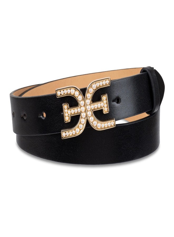 Sam Edelman Women's Pearl Embellished Double-E Logo Plaque Buckle Belt, Black, Medium - Image 1