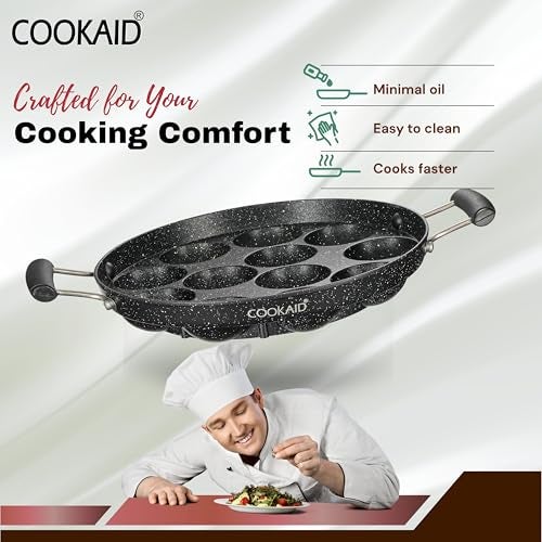 COOKAID Paniyaram Pan with Lid | Tossa Pan | Appam Maker with Handle | 12Pits, 9 Inch/23cm | Cast Aluminium | ISI Certified | 100% Pure & Toxin-Free | Appe/Paddu Pan | Gas Compatible - Black - Image 4