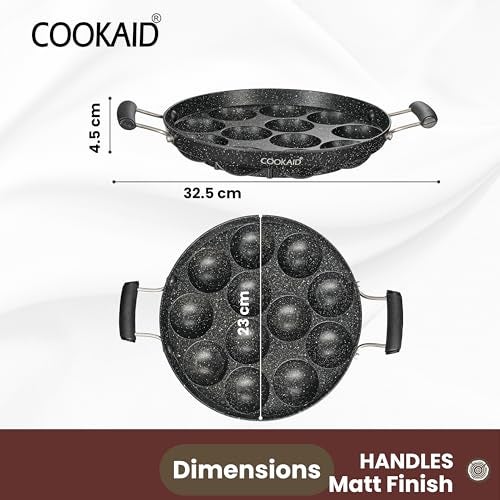COOKAID Paniyaram Pan with Lid | Tossa Pan | Appam Maker with Handle | 12Pits, 9 Inch/23cm | Cast Aluminium | ISI Certified | 100% Pure & Toxin-Free | Appe/Paddu Pan | Gas Compatible - Black - Image 2