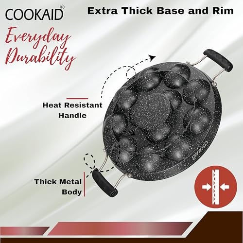 COOKAID Paniyaram Pan with Lid | Tossa Pan | Appam Maker with Handle | 12Pits, 9 Inch/23cm | Cast Aluminium | ISI Certified | 100% Pure & Toxin-Free | Appe/Paddu Pan | Gas Compatible - Black - Image 3