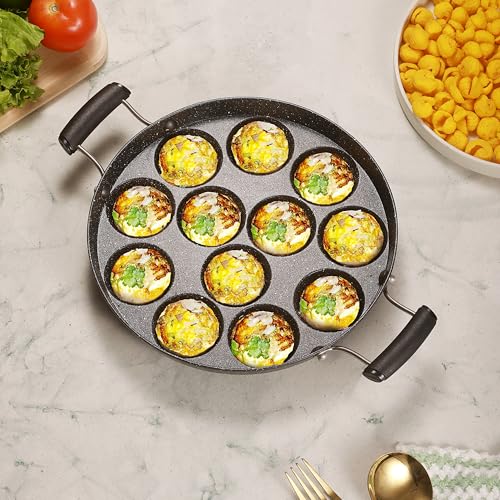 COOKAID Paniyaram Pan with Lid | Tossa Pan | Appam Maker with Handle | 12Pits, 9 Inch/23cm | Cast Aluminium | ISI Certified | 100% Pure & Toxin-Free | Appe/Paddu Pan | Gas Compatible - Black - Image 1
