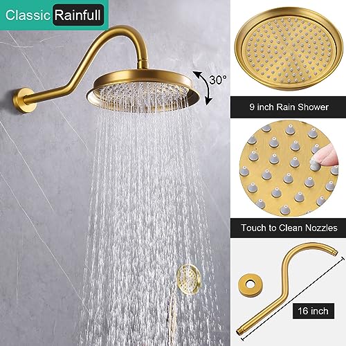 Homekicen Brushed-Gold Antique Shower System with Jets: 9 inch Rain Faucet Sets Complete Wall Rainfall Head and Handheld Spray Fixtures Combo, 3 Way Diverter Brass Rough in Valve Trim Kit - Image 3