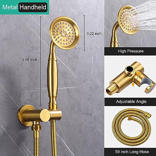 Homekicen Brushed-Gold Antique Shower System with Jets: 9 inch Rain Faucet Sets Complete Wall Rainfall Head and Handheld Spray Fixtures Combo, 3 Way Diverter Brass Rough in Valve Trim Kit - Image 5