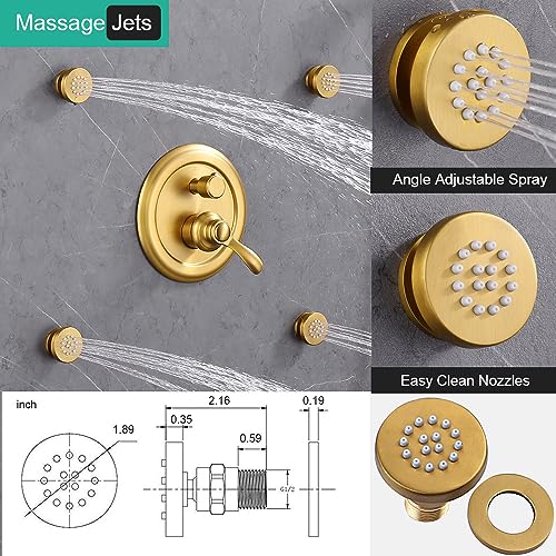 Homekicen Brushed-Gold Antique Shower System with Jets: 9 inch Rain Faucet Sets Complete Wall Rainfall Head and Handheld Spray Fixtures Combo, 3 Way Diverter Brass Rough in Valve Trim Kit - Image 4