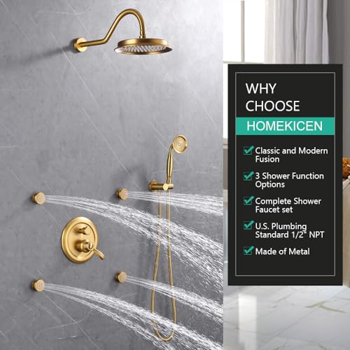 Homekicen Brushed-Gold Antique Shower System with Jets: 9 inch Rain Faucet Sets Complete Wall Rainfall Head and Handheld Spray Fixtures Combo, 3 Way Diverter Brass Rough in Valve Trim Kit - Image 2