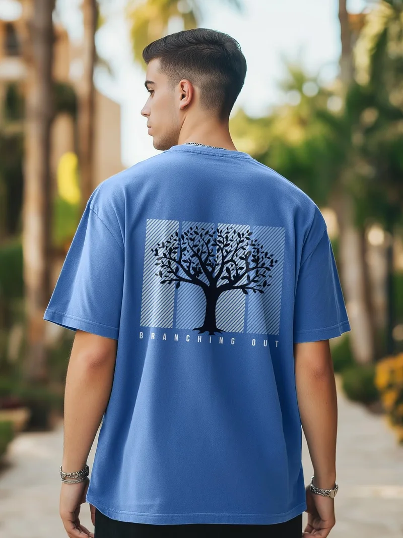 NOBERO Men's Blue Oversized Cotton Graphic T-Shirt