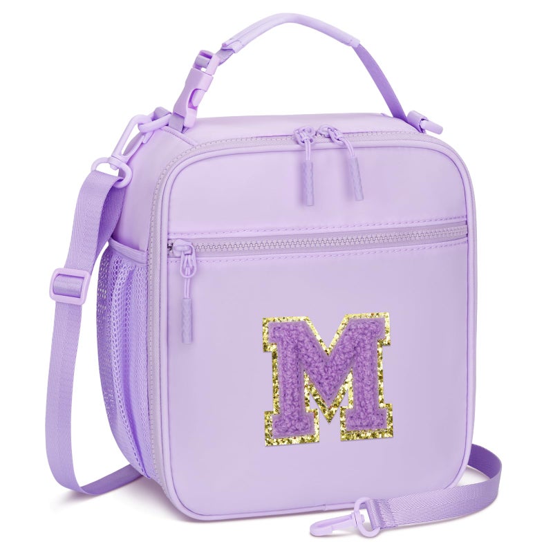 CLOUDWINGS Initial Insulated Lunch Bag for Girls Kids Back to School Gift Reusable Leakproof Lunch Box with Adjustable Strap for School Daycare Travel Picnic PurpleM