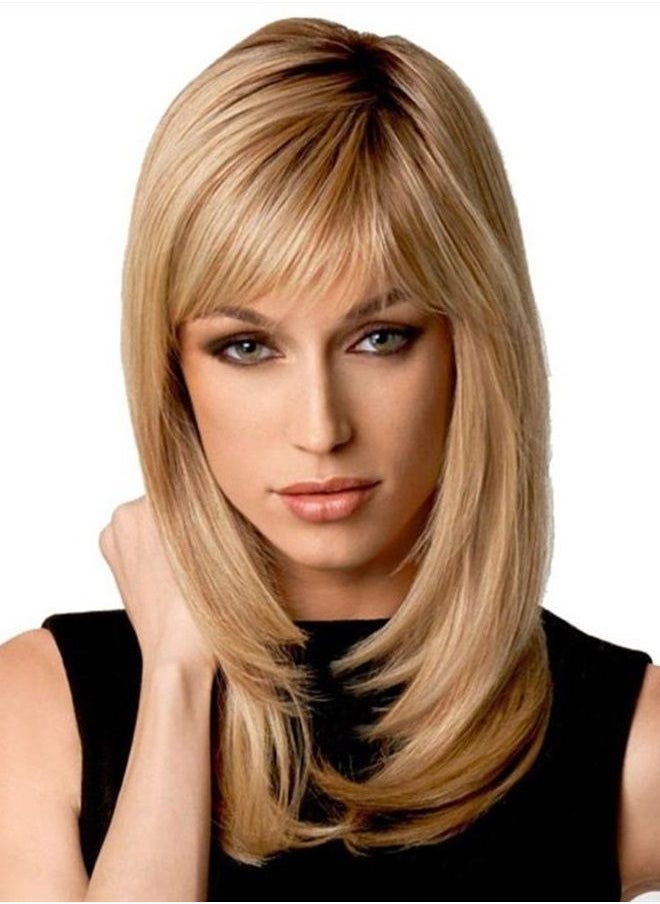 Auflaund - Natural Ombre Blonde Straight Wigs Long Bob Straight Blonde Hair Wigs with Side Bangs for Women + Wig Cap 21 Inch - Image 1