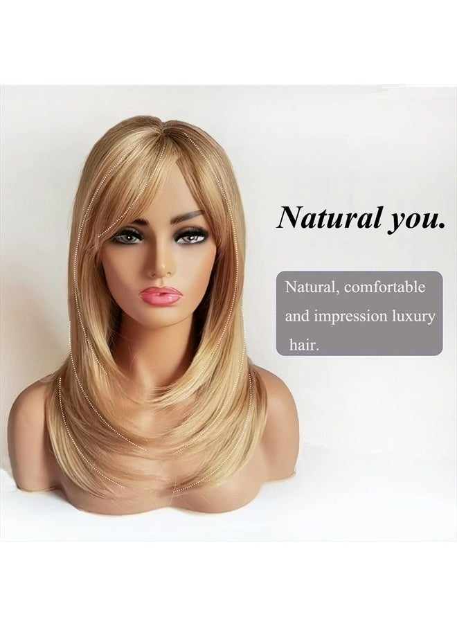 Auflaund - Natural Ombre Blonde Straight Wigs Long Bob Straight Blonde Hair Wigs with Side Bangs for Women + Wig Cap 21 Inch - Image 1