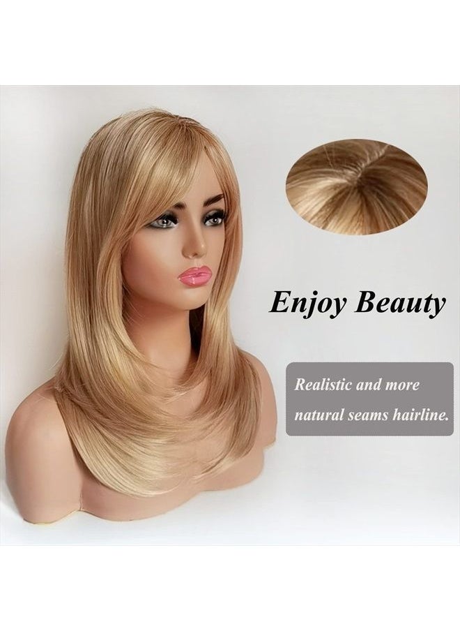 Auflaund - Natural Ombre Blonde Straight Wigs Long Bob Straight Blonde Hair Wigs with Side Bangs for Women + Wig Cap 21 Inch - Image 1