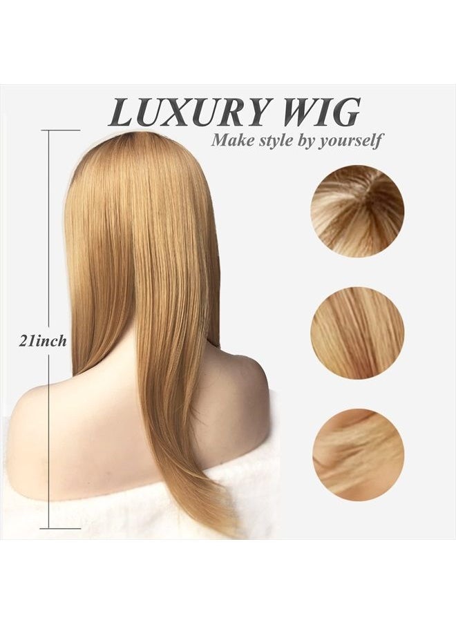Auflaund - Natural Ombre Blonde Straight Wigs Long Bob Straight Blonde Hair Wigs with Side Bangs for Women + Wig Cap 21 Inch - Image 1