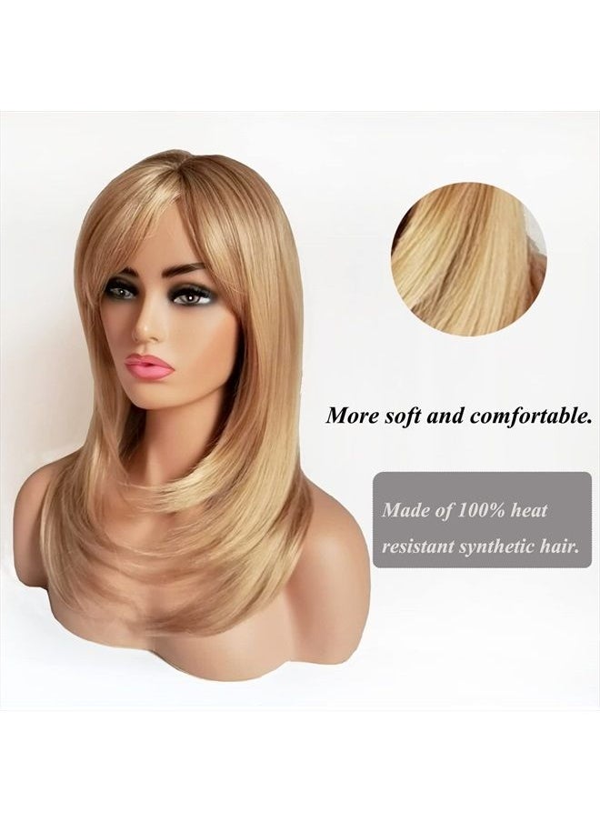 Auflaund - Natural Ombre Blonde Straight Wigs Long Bob Straight Blonde Hair Wigs with Side Bangs for Women + Wig Cap 21 Inch - Image 1