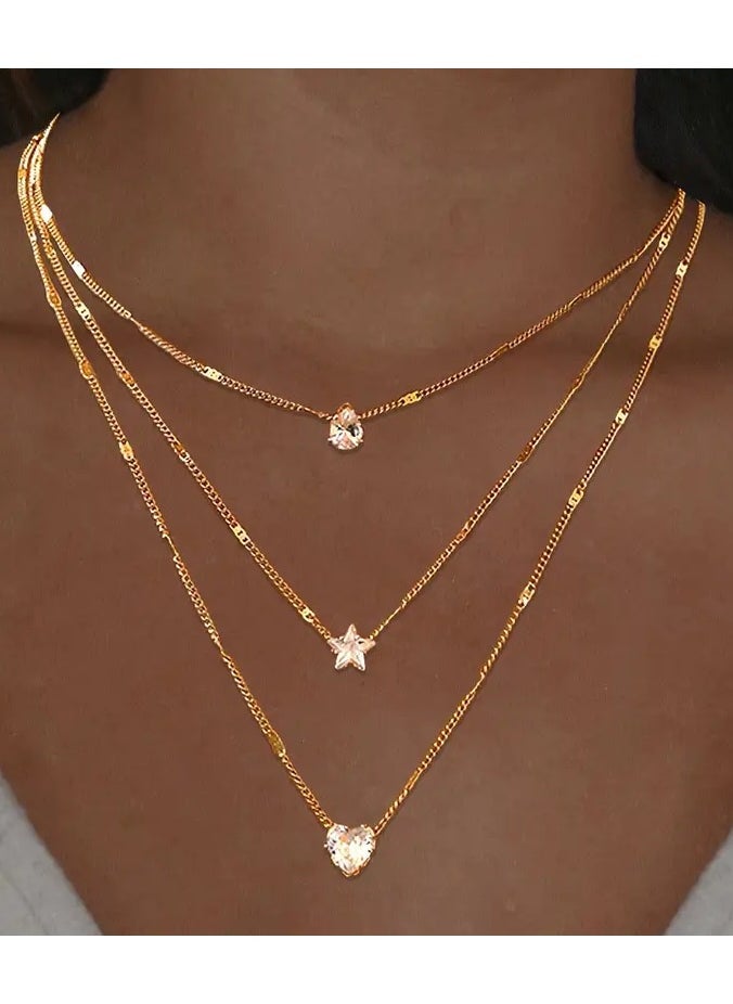 Goolsky 3-Layer Necklace With Rhinestone Pendants - Heart, Star, And Teardrop, Perfect For Holidays And Everyday Wear - Retro & Chic Style  - Image 1