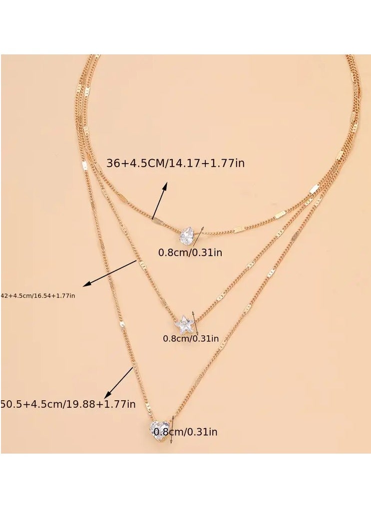 Goolsky 3-Layer Necklace With Rhinestone Pendants - Heart, Star, And Teardrop, Perfect For Holidays And Everyday Wear - Retro & Chic Style  - Image 3