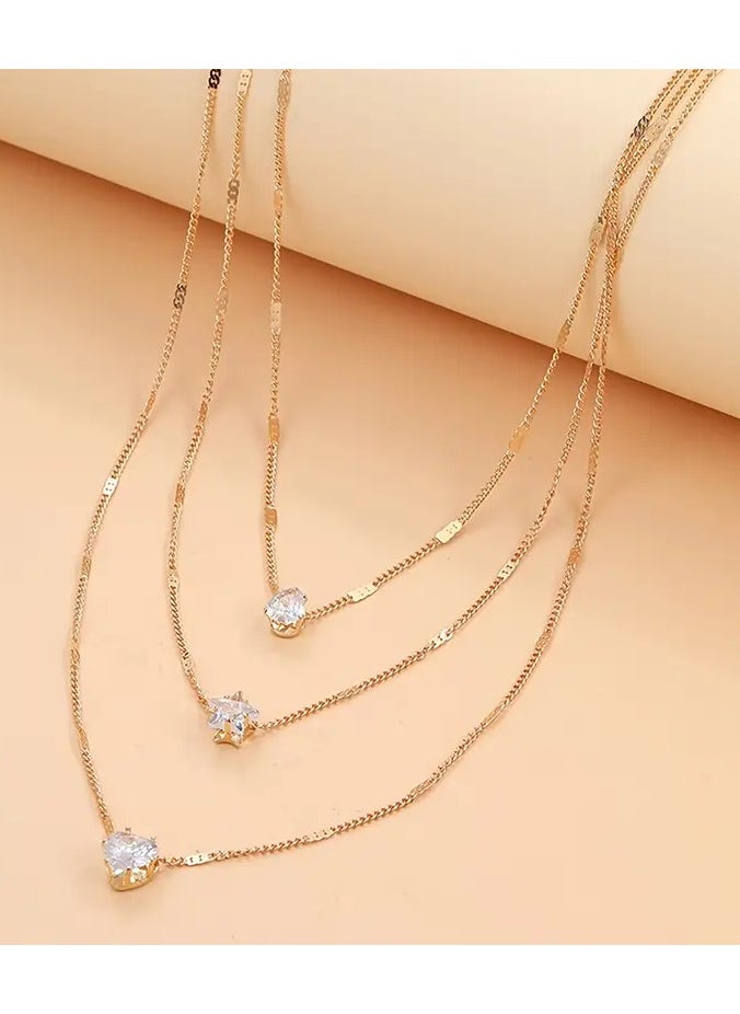 Goolsky 3-Layer Necklace With Rhinestone Pendants - Heart, Star, And Teardrop, Perfect For Holidays And Everyday Wear - Retro & Chic Style  - Image 5
