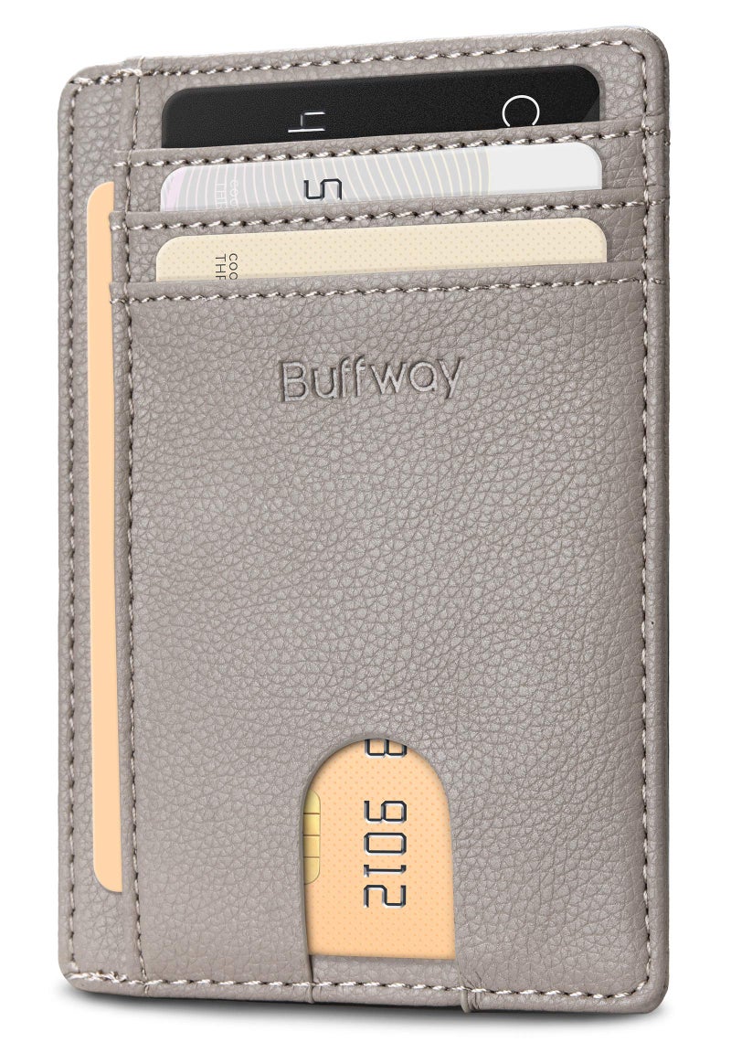 Buffway Slim Minimalist Front Pocket RFID Blocking Leather Wallets for Men and Women - Lichee Khaki - Image 5