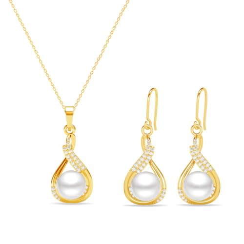Clara 925 Sterling Silver Esin Real Pearl Pendant Earrings Chain Necklace Jewellery Set | Gold Plated, Swiss Zirconia |Gift for Women and Girls - Image 1