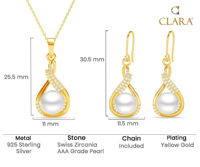 Clara 925 Sterling Silver Esin Real Pearl Pendant Earrings Chain Necklace Jewellery Set | Gold Plated, Swiss Zirconia |Gift for Women and Girls - Image 5