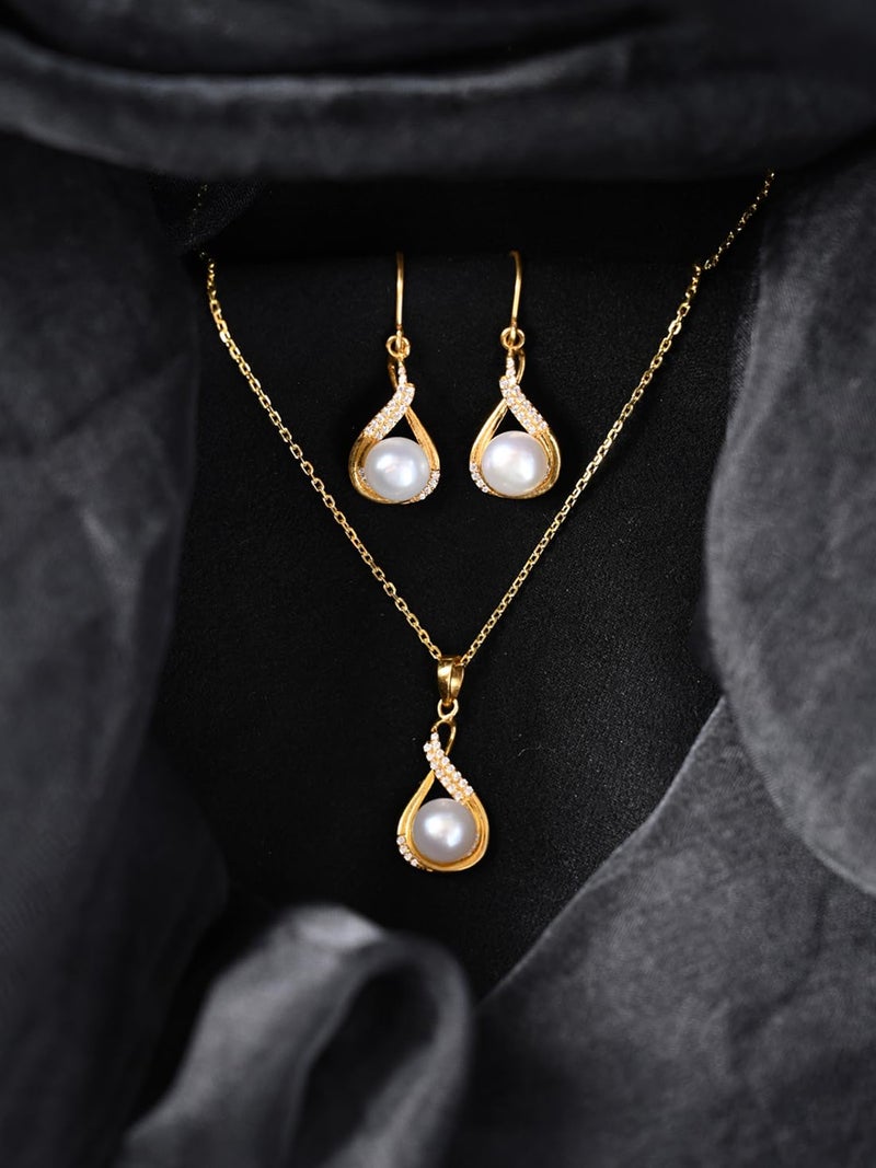 Clara 925 Sterling Silver Esin Real Pearl Pendant Earrings Chain Necklace Jewellery Set | Gold Plated, Swiss Zirconia |Gift for Women and Girls - Image 2