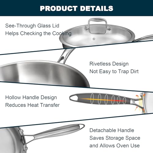 EWFEN Tri-Ply Stainless Steel Frying Pans Set with Lid, 8”/10”/12” Cooking pans, PFOA&PTFE Free Skillet, Induction Cooking Pan, Dishwasher and Oven Safe, Fast & Even Heat, Suitable for All Stove - Image 5