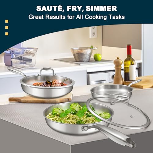 EWFEN Tri-Ply Stainless Steel Frying Pans Set with Lid, 8”/10”/12” Cooking pans, PFOA&PTFE Free Skillet, Induction Cooking Pan, Dishwasher and Oven Safe, Fast & Even Heat, Suitable for All Stove - Image 2