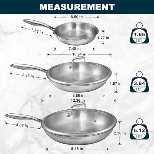 EWFEN Tri-Ply Stainless Steel Frying Pans Set with Lid, 8”/10”/12” Cooking pans, PFOA&PTFE Free Skillet, Induction Cooking Pan, Dishwasher and Oven Safe, Fast & Even Heat, Suitable for All Stove - Image 3