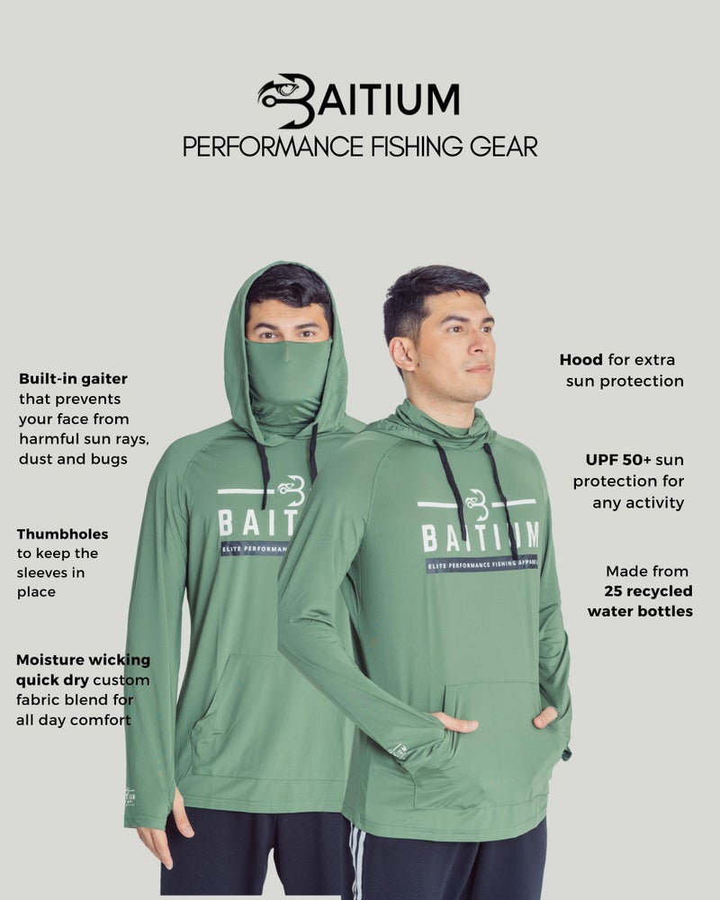 Baitium Fishing Shirts for Men, Fishing Shirt, Hooded Long Sleeve with Gaiter, Fishing Gear and Equipment, UPF50 Hoodies for Men, Sun Hoodie Mens, Fishing Clothes for Men (Large, Green) - Image 3