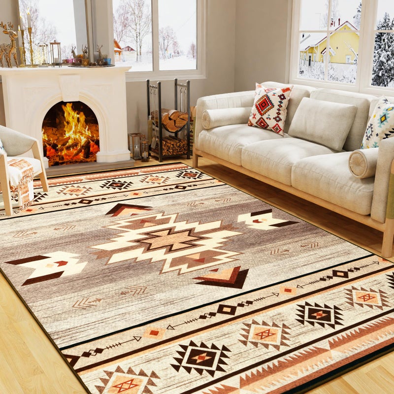B BENRON Western Rugs for Living Room Bedroom Non Slip, Aesthetic Home Decor for Dining Table Kitchen Porch Nursery, Washable Throw Rugs with Rubber Backing, 3ft x 5ft, Warm Beige - Image 1
