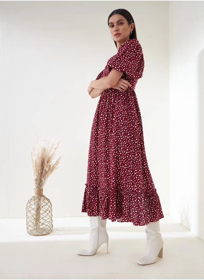FEMELLA Spot Print Tiered Maxi Dress by Styli