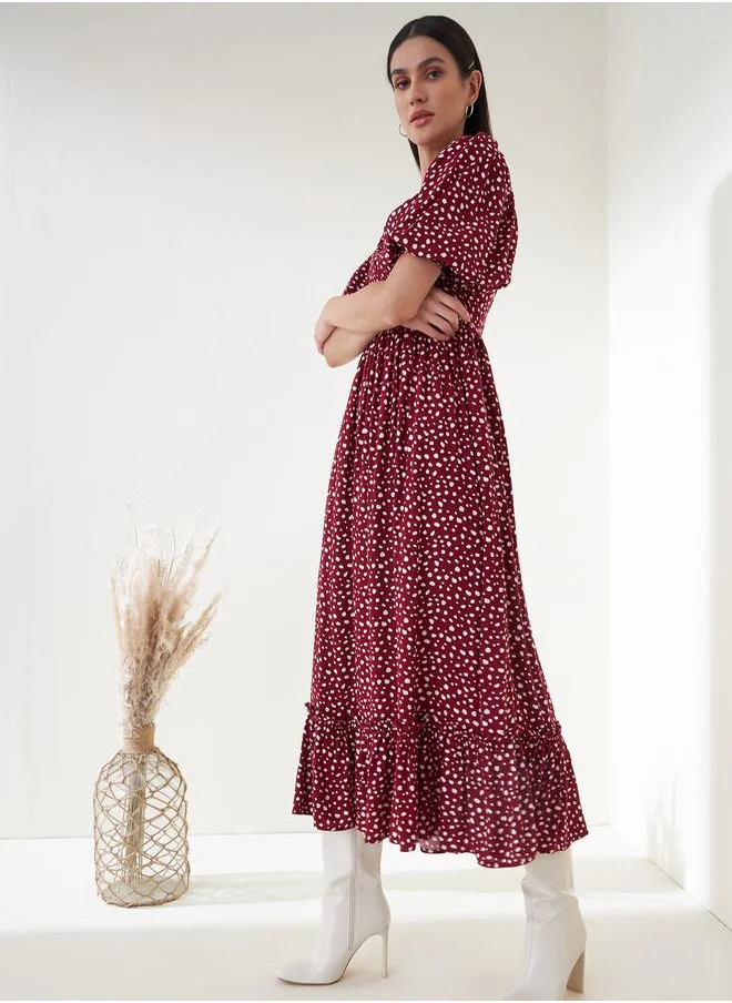 FEMELLA Spot Print Tiered Maxi Dress by Styli