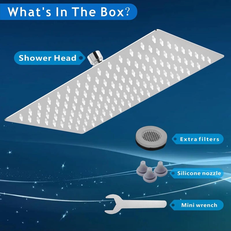 Voolan Extra Large Rain Shower Head - High Flow Square Rainfall Showerhead - Waterfall Full Body Coverage - Universal Ceiling or Wall Mount (16 * 12 Inch Rectangle, Chrome) - Image 5