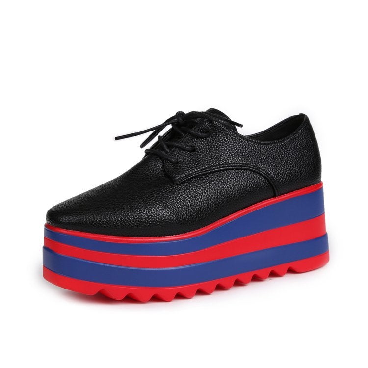 British Wind Baby Thick Bottom Muffin Square Head Slope Heel Waterproof Platform Striped Lace-Up Lightweight Women'S Shoes - Image 1