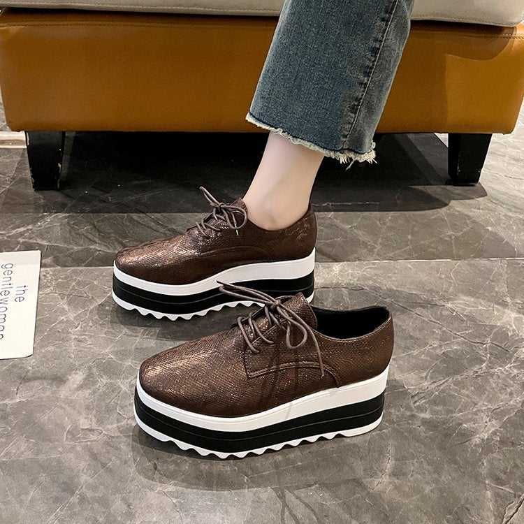British Wind Baby Thick Bottom Muffin Square Head Slope Heel Waterproof Platform Striped Lace-Up Lightweight Women'S Shoes - Image 4