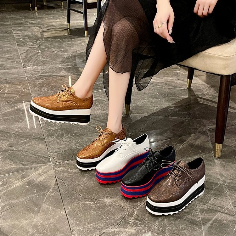 British Wind Baby Thick Bottom Muffin Square Head Slope Heel Waterproof Platform Striped Lace-Up Lightweight Women'S Shoes - Image 2