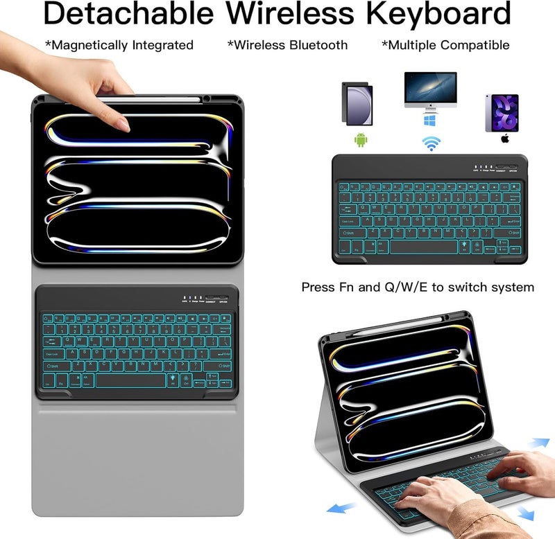Microware iPad Pro 13 Case with Keyboard M4 2024, iPad 13 Inch Pro Keyboard Case, 7Colors Backlit Bluetooth Magnetic Keyboard Soft Protective Folio Tablet Smart Case with Apple Pencil Pro Holder - Image 3