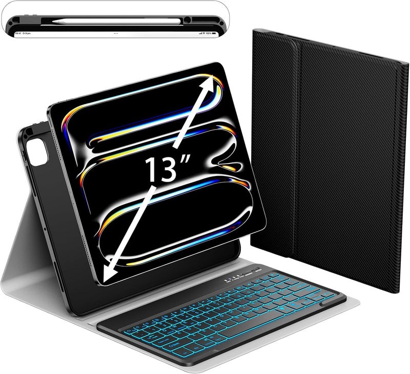 Microware iPad Pro 13 Case with Keyboard M4 2024, iPad 13 Inch Pro Keyboard Case, 7Colors Backlit Bluetooth Magnetic Keyboard Soft Protective Folio Tablet Smart Case with Apple Pencil Pro Holder - Image 1