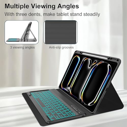 Microware iPad Pro 13 Case with Keyboard M4 2024, iPad 13 Inch Pro Keyboard Case, 7Colors Backlit Bluetooth Magnetic Keyboard Soft Protective Folio Tablet Smart Case with Apple Pencil Pro Holder - Image 5