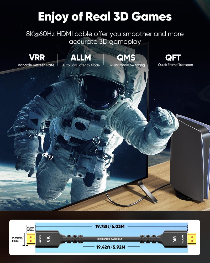 Highwings HDMI Cables 20FT Long, 8K Ultra High Speed HDMI 2.1 Cable [in-Wall CL3 Rated, 48Gbps] 8K@60 4K@120Hz/144Hz, HDMI Cord eARC HDCP 2.2 & 2.3, Compatible for XbX/S/HDTV/GPUs 30 & 40 Series - Image 5