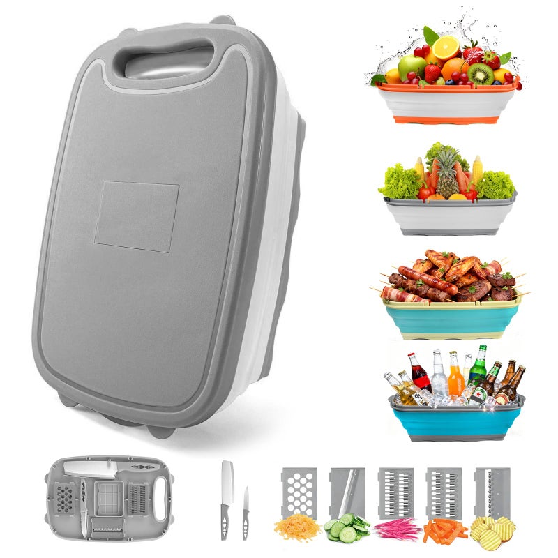 Gintan Camping Cutting Board, 9-in-1 Collapsible Chopping Board with Colander, Kitchen Vegetable Washing Basket for Camping, Camping Gifts Camping Accessories for RV Campers (Gray) - Image 1