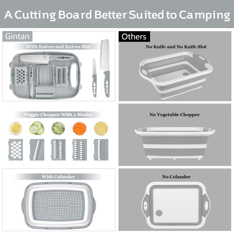 Gintan Camping Cutting Board, 9-in-1 Collapsible Chopping Board with Colander, Kitchen Vegetable Washing Basket for Camping, Camping Gifts Camping Accessories for RV Campers (Gray) - Image 3