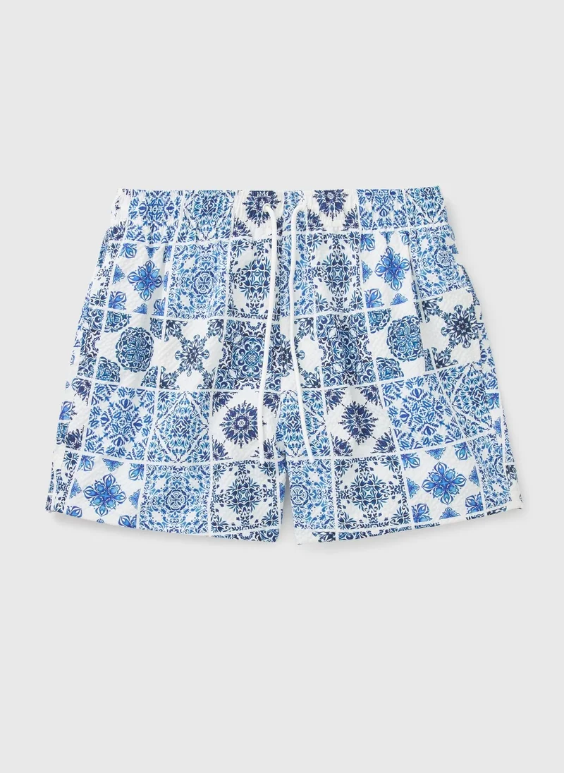 Matalan Blue and White Tile Printed Swim Shorts