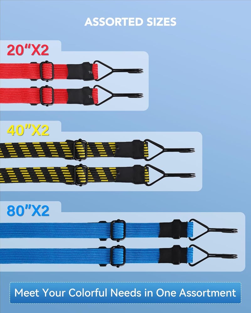 LuckyStraps 20" 40" 80" Flat Adjustable Bungee Cords Assorted Sizes, Easy-to-Adjust Heavy Duty Bungee Straps with 200 Lbs Max Break Strength & UV Protection, Perfect for Tents, Cargo, Luggage, Bike, etc. (6 Pcs) Global sizing options - Image 2