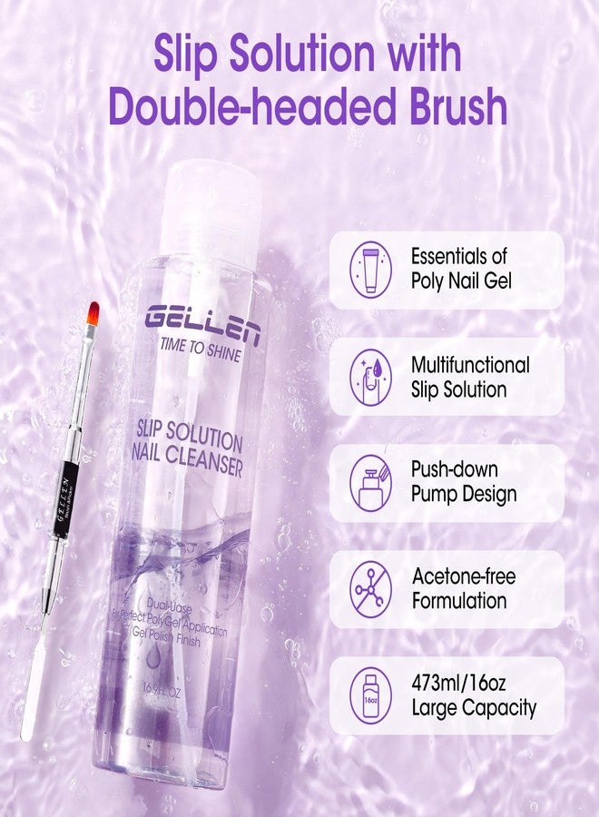 Gellen 473ml/16oz Slip Solution for Polygel Nails with Nail Brush, Pump Bottle Design Polygel Solution, Anti-stick Liquid for Poly Extension Gel & Nail Cleanser in a Bottle, Home Salon Cleaning Liquid - Image 2