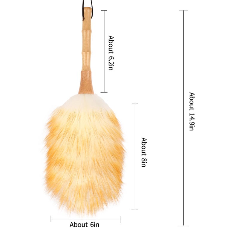FeelfunFeather Feather Duster, Lambswool Duster for Cleaning,with Solid Wooden Handle,Leather Hang Strap,Anti-Static 14.9 inch Washable Reusable Small Hand Duster(Natural) for Office, Home and Car - Image 2