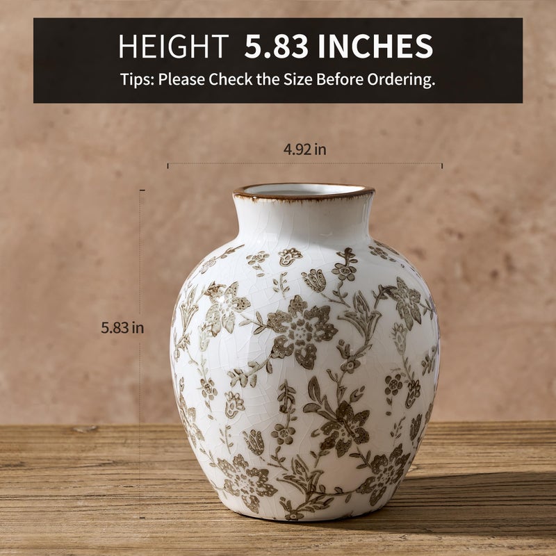 SIDUCAL Ceramic Vintage Vase, 5.83 Inch Retro Ice Cracked Chinoiserie Floral Vase, Rustic Farmhouse Vases for Home Decor, Bookshelf, Garden, Chinoiserie Decor, Tuscan Decor, Brown Floral Pattern - Image 2