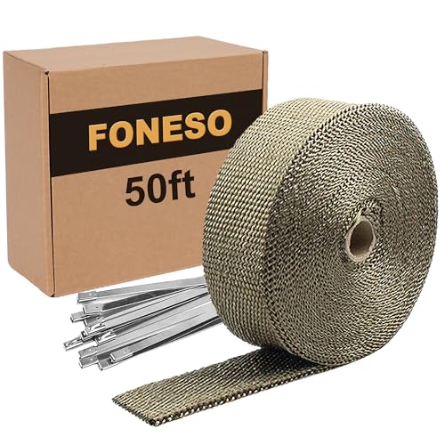 Foneso شريط تغليف حرارة العادم من التيتانيوم، 2 بوصة × 50 قدم، درع حراري عالي الحرارة من الألياف الزجاجية للسيارات والدراجات النارية مع 12 رباط من الفولاذ المقاوم للصدأ - Image 1