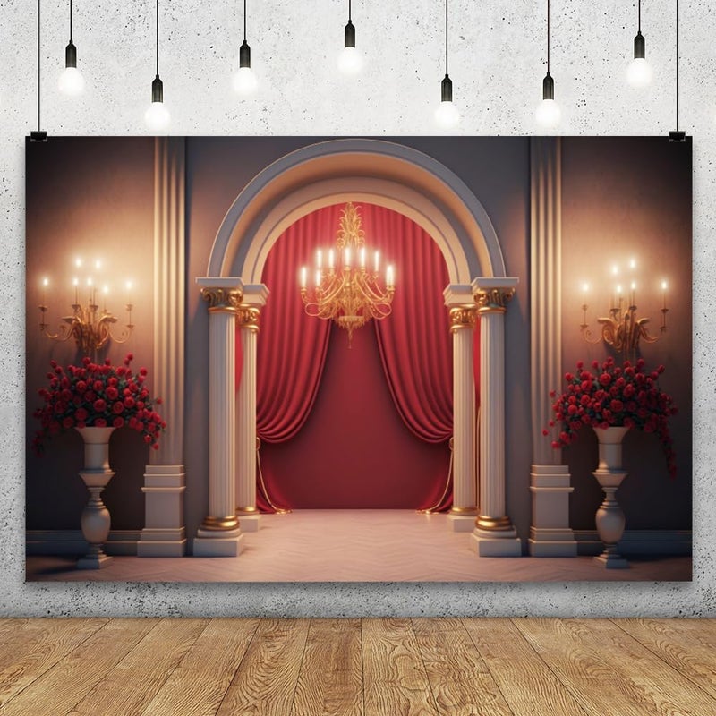 YongFoto Retro Palace French Arched Door Backdrop 7x5ft European Columns Red Rose Vase Candlestick Princess Castle Photography Background Wedding Party Banner Portraits Photoshoot Wallpaper Props - Image 2