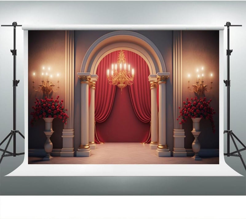 YongFoto Retro Palace French Arched Door Backdrop 7x5ft European Columns Red Rose Vase Candlestick Princess Castle Photography Background Wedding Party Banner Portraits Photoshoot Wallpaper Props - Image 3